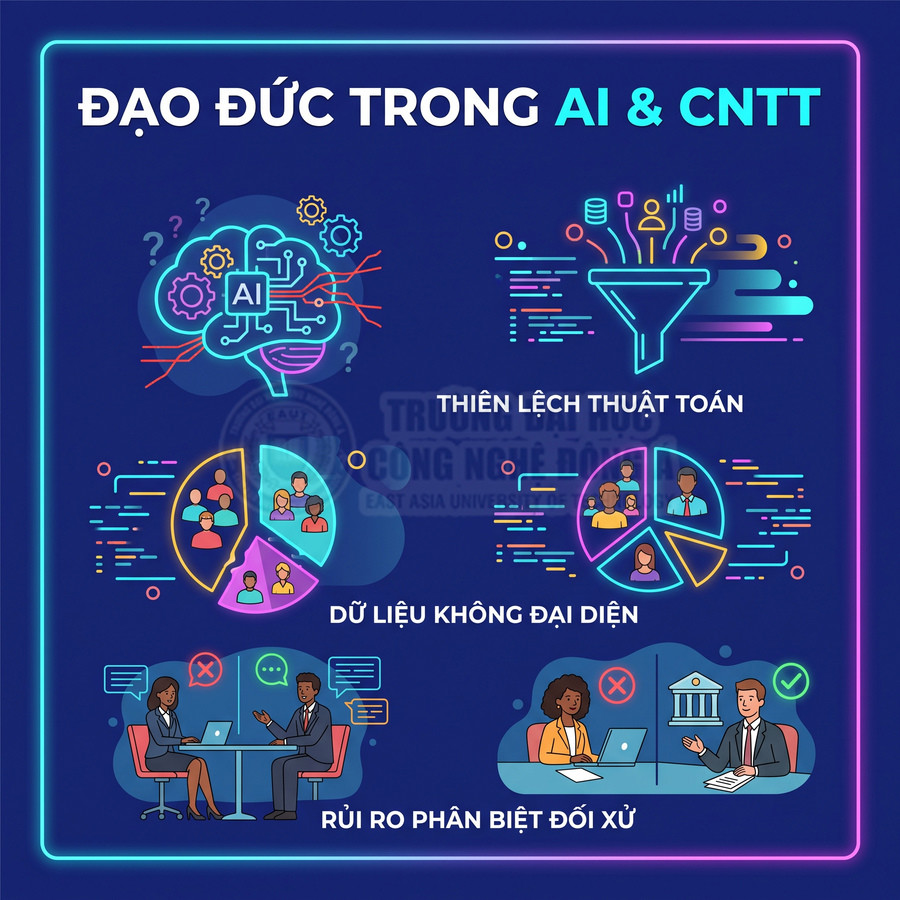 Minh họa đạo đức trong AI và CNTT với thiên lệch thuật toán, dữ liệu không đại diện và rủi ro phân biệt đối xử