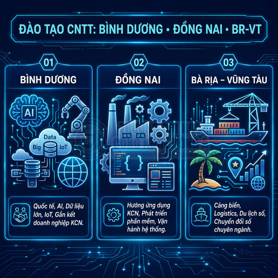Banner đào tạo CNTT tại Bình Dương Đồng Nai Bà Rịa Vũng Tàu với các ngành AI dữ liệu lớn phần mềm logistics