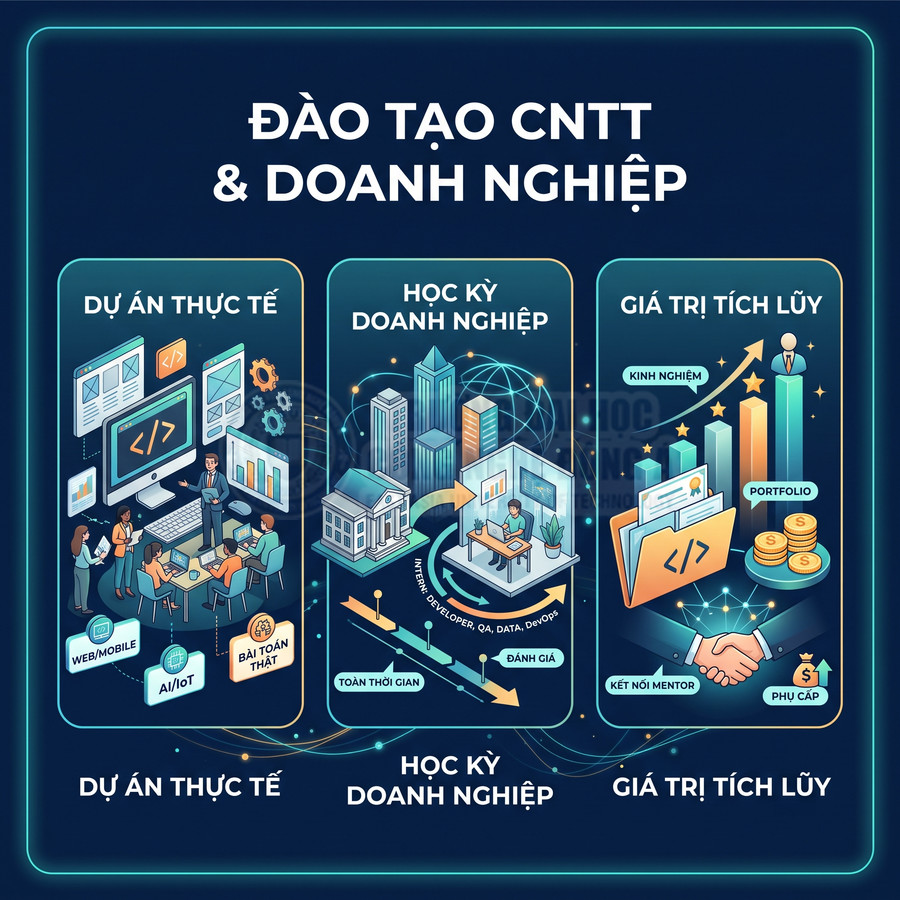 Chương trình đào tạo CNTT cho doanh nghiệp với dự án thực tế, học kỳ doanh nghiệp và tích lũy kinh nghiệm, portfolio