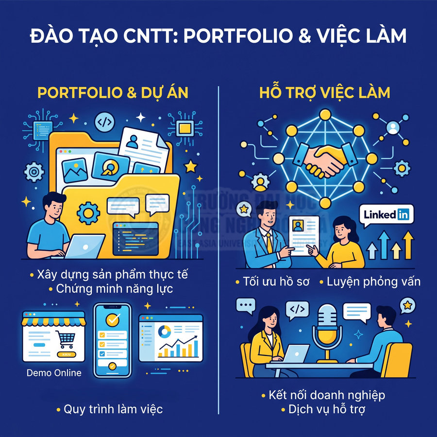 Poster đào tạo CNTT với minh họa portfolio dự án, hỗ trợ việc làm, tối ưu hồ sơ và kết nối doanh nghiệp