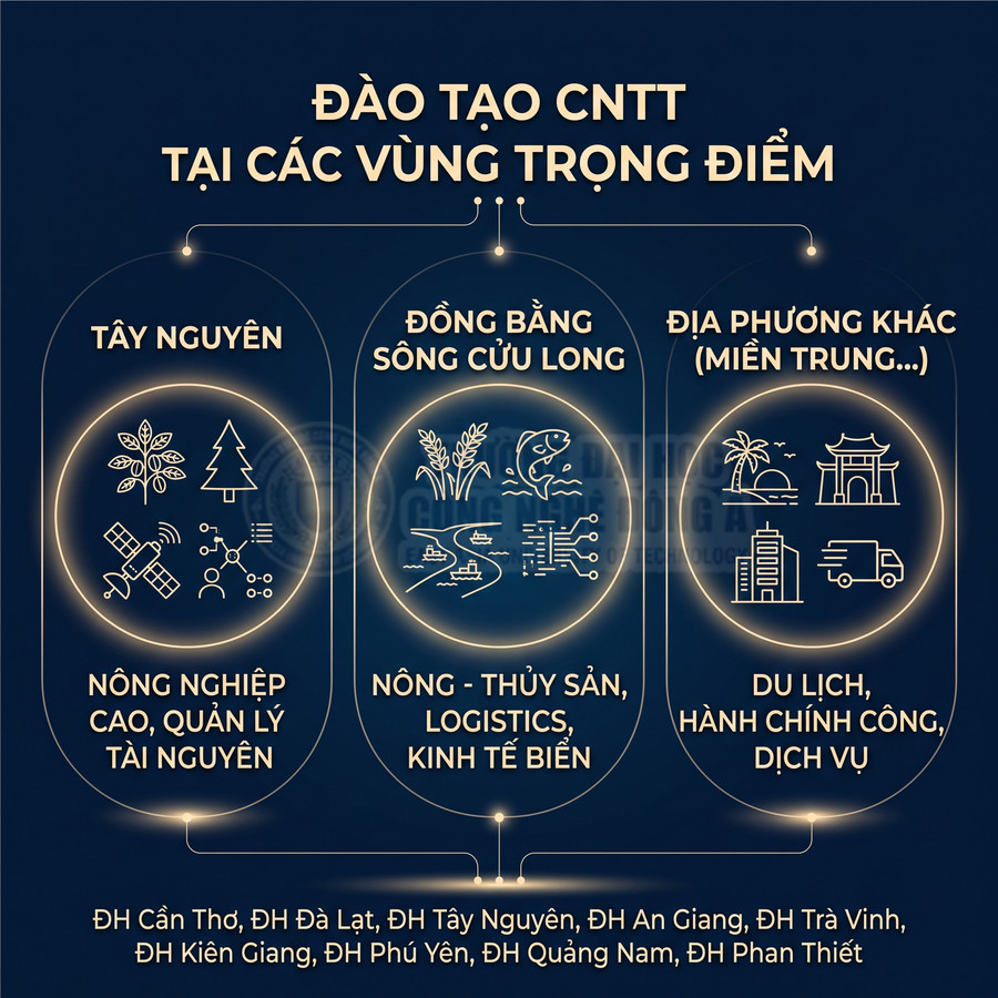 Infographic đào tạo CNTT theo vùng trọng điểm Tây Nguyên, Đồng bằng sông Cửu Long và miền Trung với các lĩnh vực ứng dụng