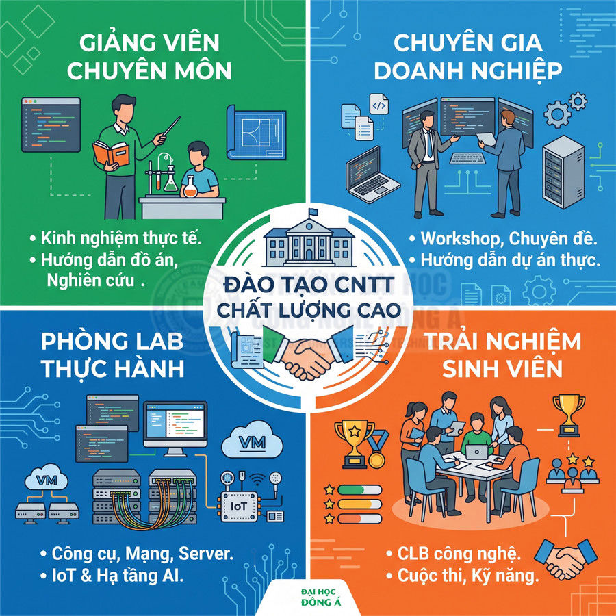 Poster giới thiệu chương trình đào tạo CNTT chất lượng cao với giảng viên, phòng lab, chuyên gia doanh nghiệp và trải nghiệm sinh viên