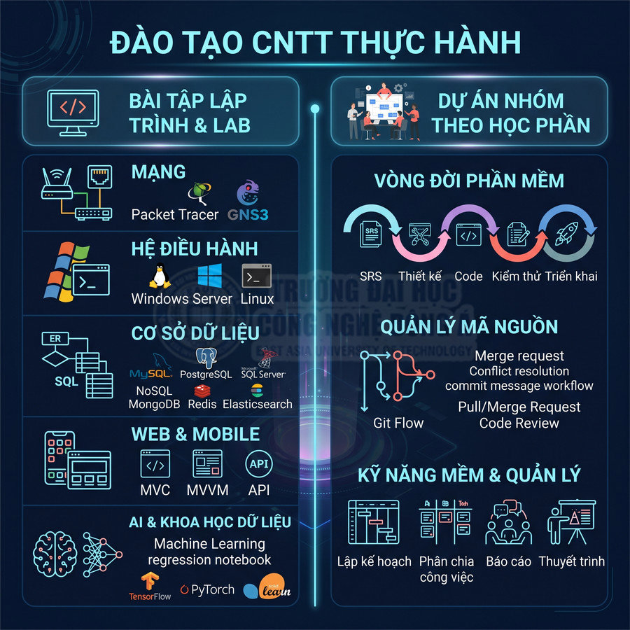 Chương trình đào tạo CNTT thực hành với bài tập lập trình, mạng, hệ điều hành, cơ sở dữ liệu, web mobile và AI