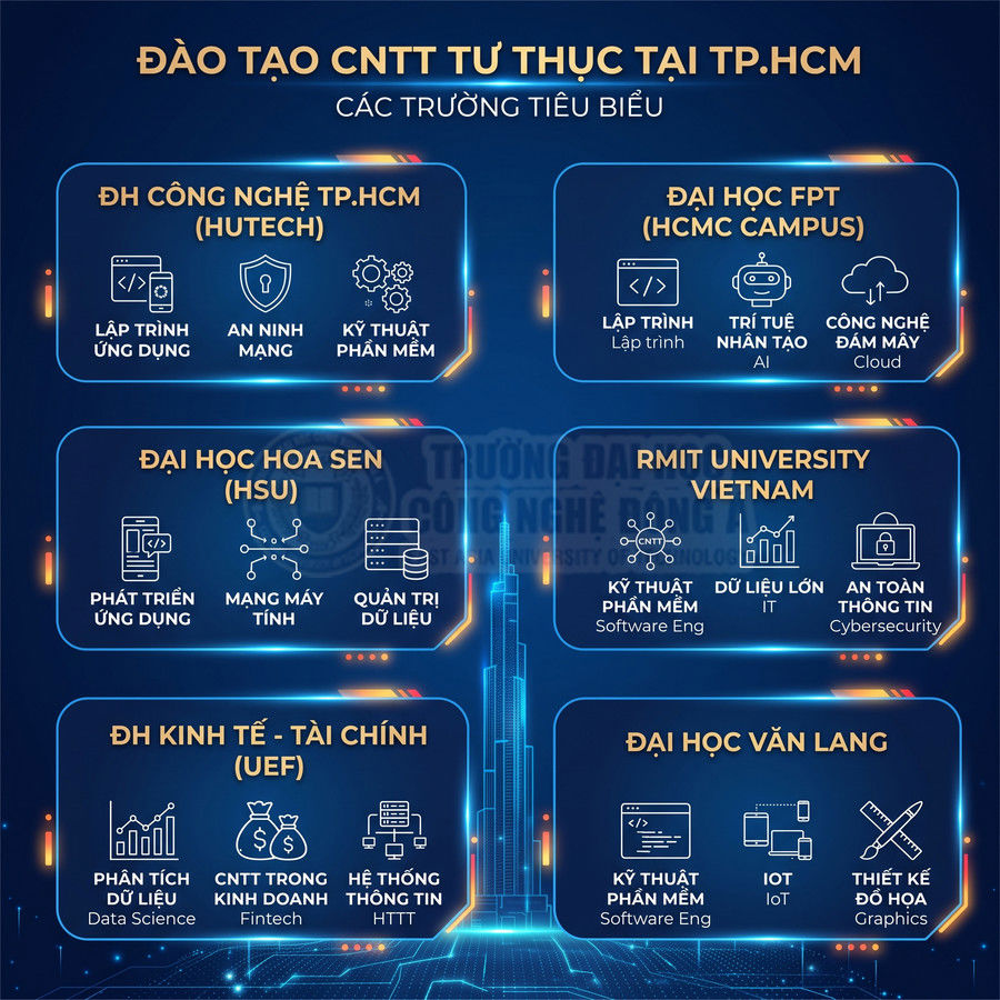 Infographic các trường đại học đào tạo ngành công nghệ thông tin tư thục tại TP HCM và các chuyên ngành nổi bật