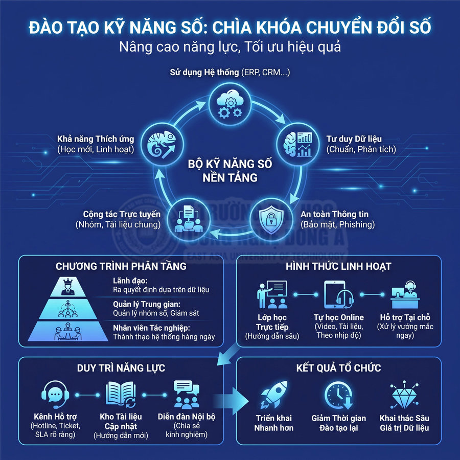 Infographic đào tạo kỹ năng số nền tảng, sử dụng ERP CRM, tư duy dữ liệu, an toàn thông tin và học tập linh hoạt