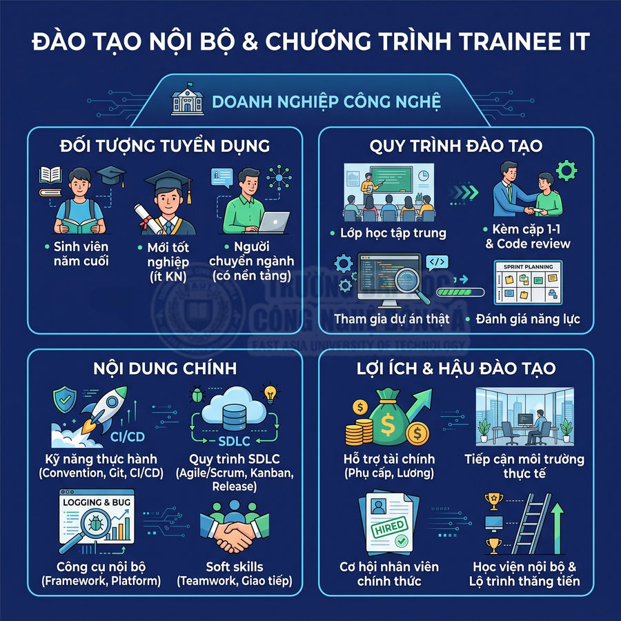 Infographic chương trình đào tạo nội bộ và trainee IT cho doanh nghiệp công nghệ, mô tả đối tượng, quy trình và lợi ích