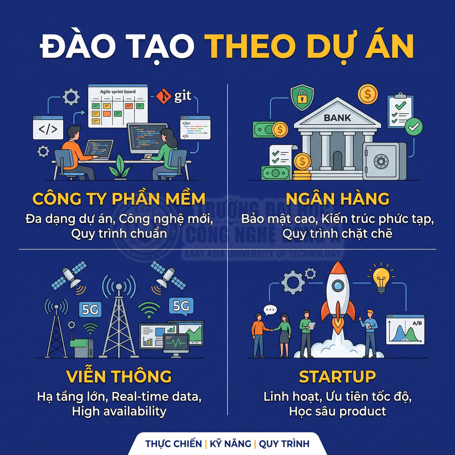 Đào tạo theo dự án cho công ty phần mềm, ngân hàng, viễn thông và startup với kỹ năng thực chiến, quy trình chuẩn