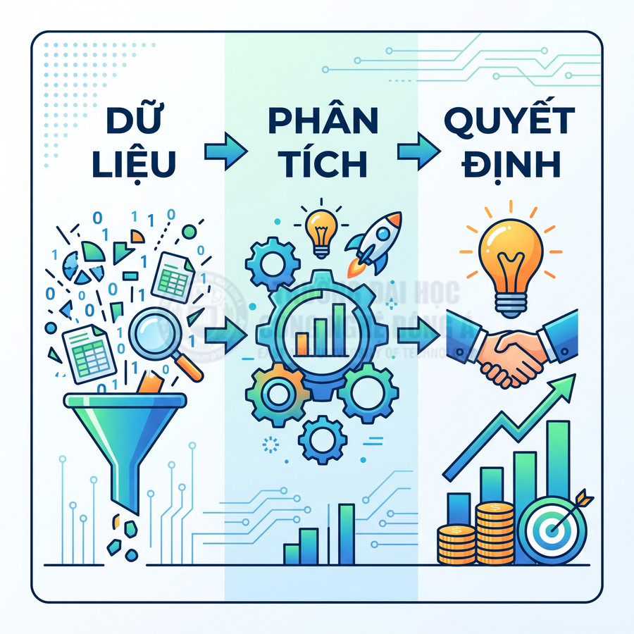 Quy trình chuyển đổi dữ liệu thành phân tích và quyết định kinh doanh với biểu đồ, bóng đèn ý tưởng và bắt tay hợp tác