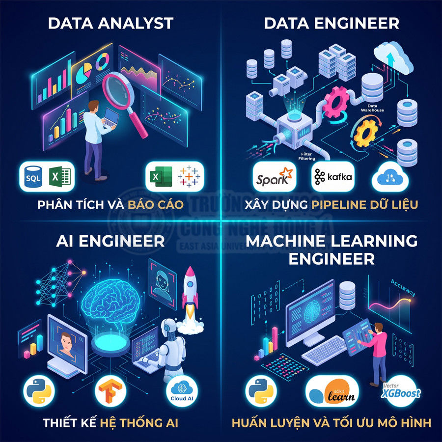 So sánh vai trò Data Analyst, Data Engineer, AI Engineer và Machine Learning Engineer trong lĩnh vực dữ liệu và AI