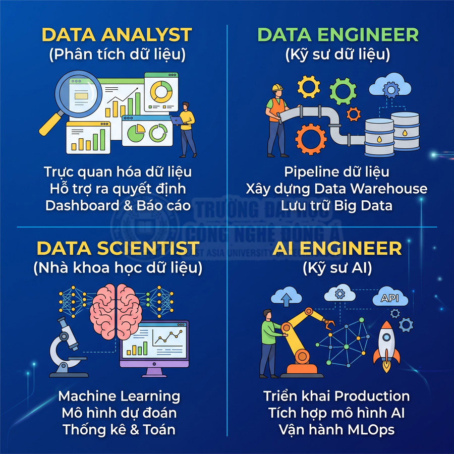 So sánh bốn nghề Data Analyst, Data Engineer, Data Scientist và AI Engineer cùng mô tả nhiệm vụ chính
