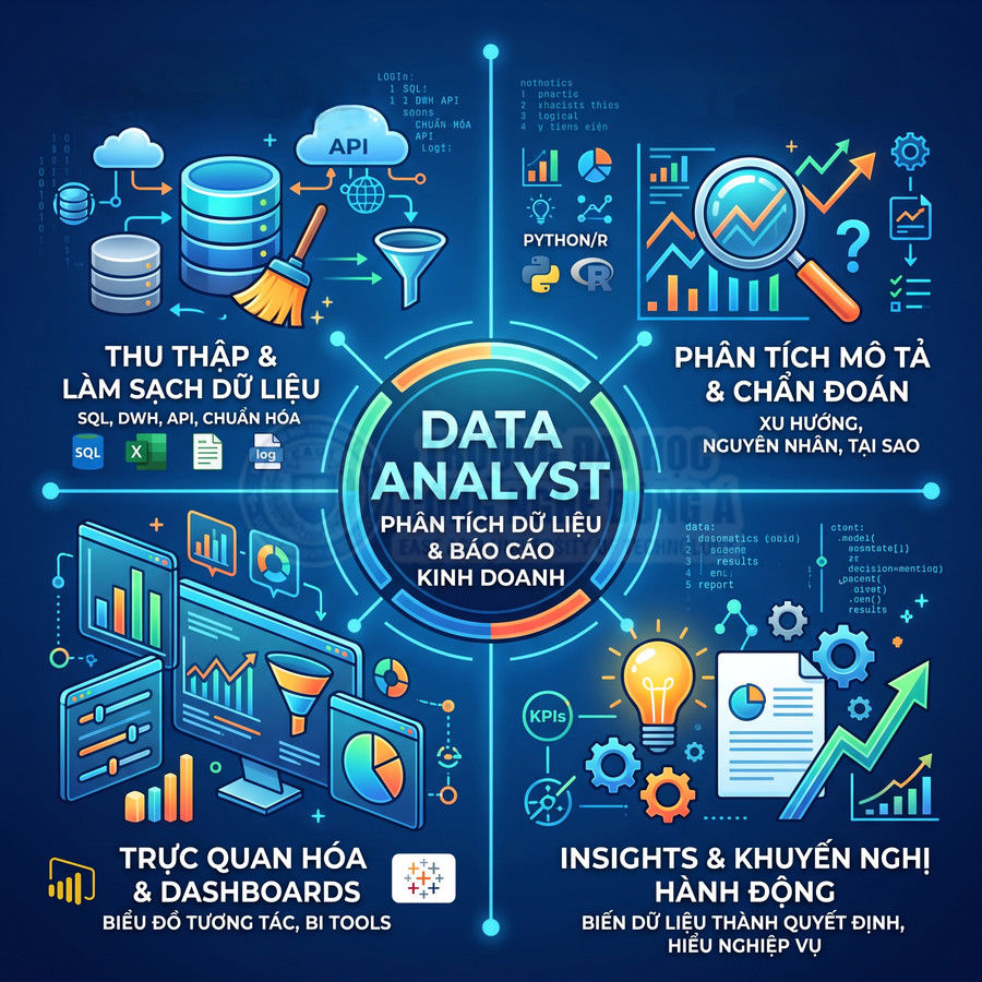 Mô tả công việc Data Analyst với các bước thu thập, làm sạch, phân tích dữ liệu, trực quan hóa và đưa ra insights kinh doanh