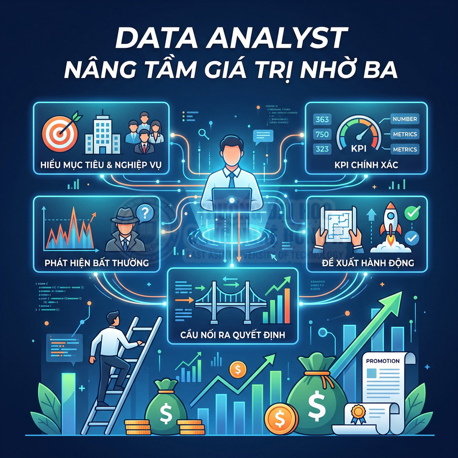 Minh họa vai trò data analyst với biểu đồ, KPI, phát hiện bất thường và đề xuất hành động giúp tăng trưởng doanh thu
