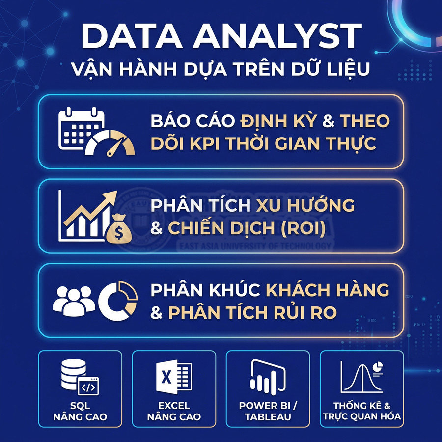Poster khóa học Data Analyst với các kỹ năng báo cáo KPI, phân tích xu hướng, phân khúc khách hàng và công cụ SQL, Excel, Power BI