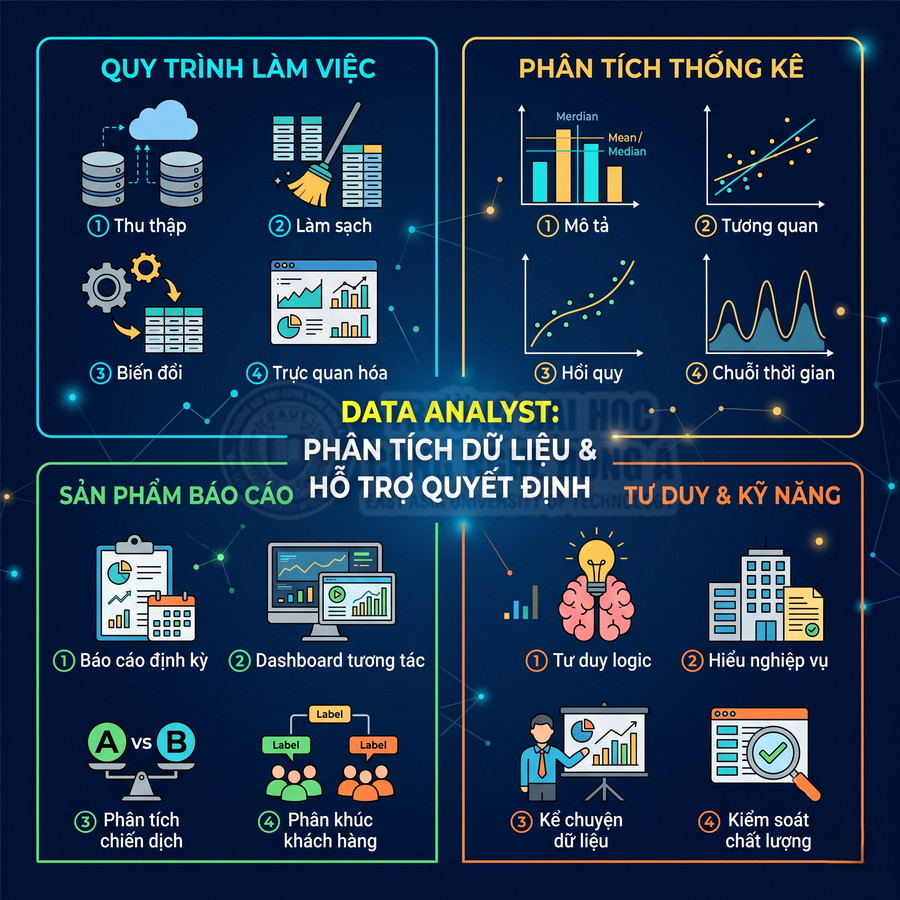 Mô tả công việc data analyst với quy trình làm việc, phân tích thống kê, sản phẩm báo cáo và kỹ năng cần thiết
