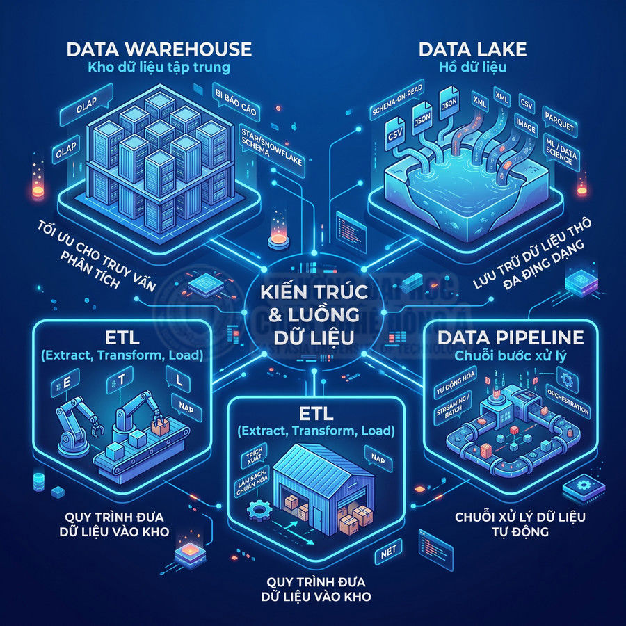 Mô hình kiến trúc và luồng dữ liệu với data warehouse, data lake, ETL và data pipeline minh họa quy trình xử lý dữ liệu