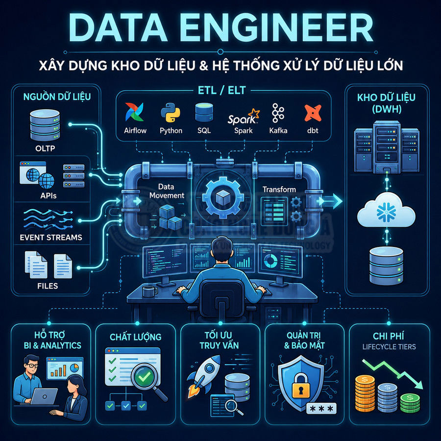 Mô hình quy trình làm việc của data engineer xây dựng kho dữ liệu và hệ thống xử lý dữ liệu lớn