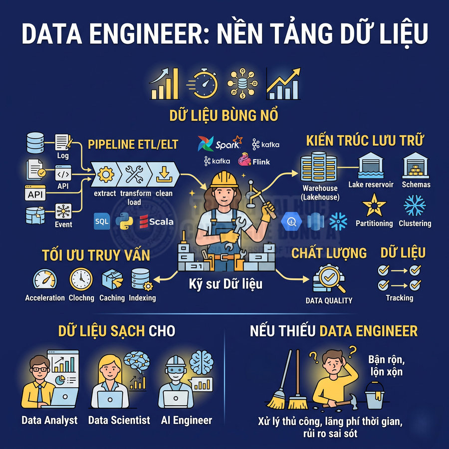 Minh họa vai trò data engineer trong xây dựng pipeline ETL, kiến trúc lưu trữ và đảm bảo chất lượng dữ liệu