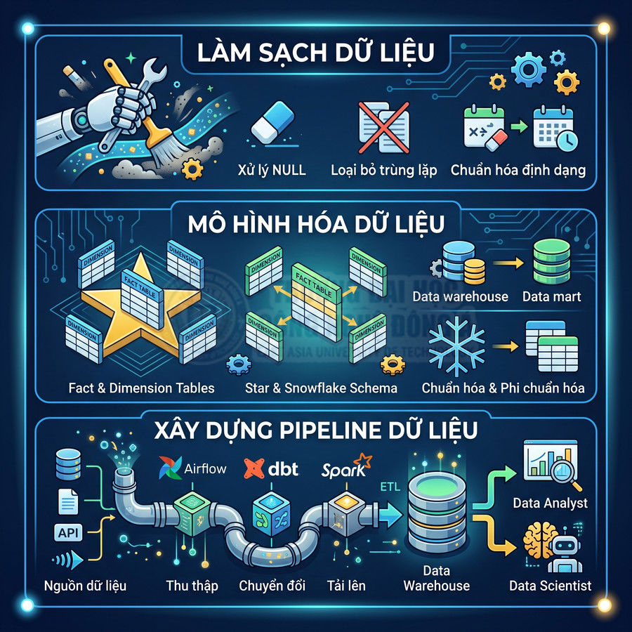 Minh họa quy trình làm sạch, mô hình hóa và xây dựng pipeline dữ liệu đến data warehouse và phân tích dữ liệu