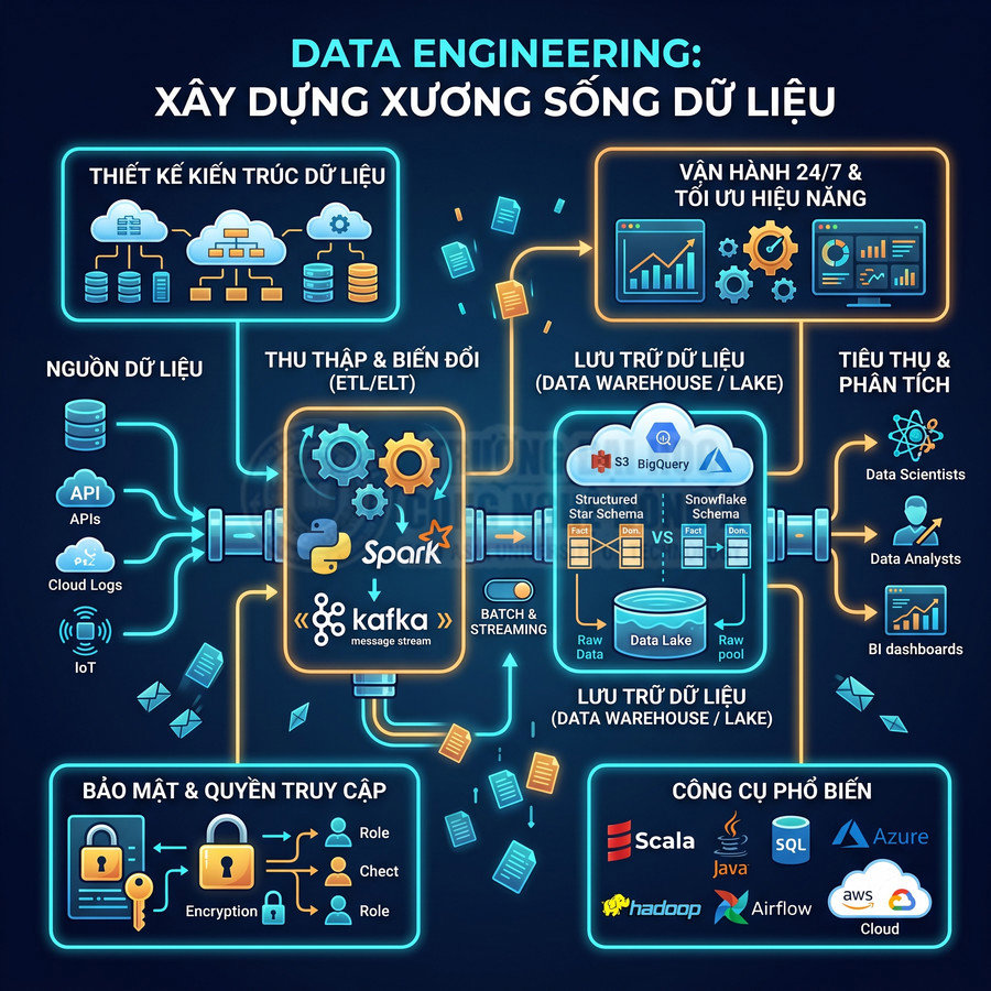 Sơ đồ quy trình data engineering với ETL, lưu trữ data warehouse, bảo mật và các công cụ như Spark, Kafka, Hadoop