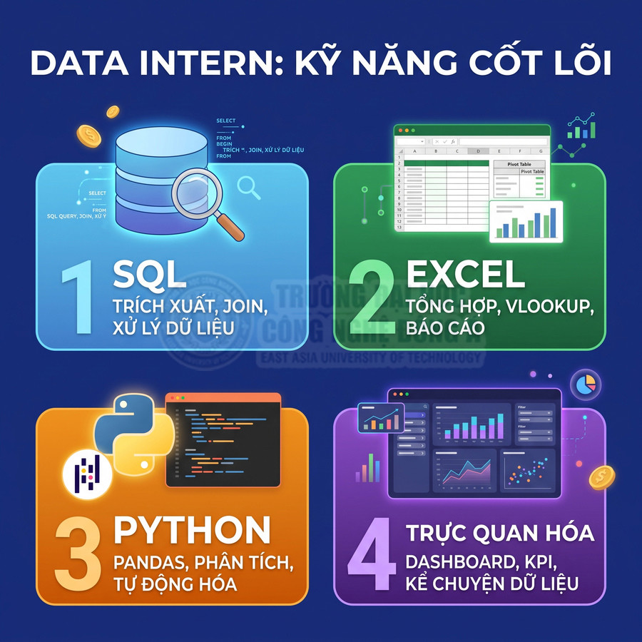 Infographic kỹ năng cốt lõi cho data intern gồm SQL, Excel, Python và trực quan hóa dữ liệu