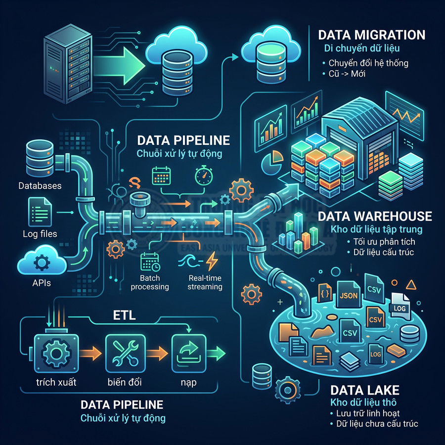 Minh họa quy trình data pipeline ETL, data migration, data warehouse và data lake với biểu tượng máy chủ và đám mây