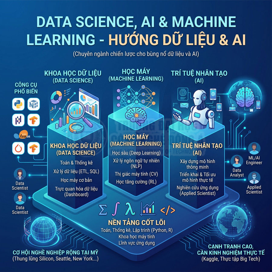 Infographic giới thiệu lộ trình học Data Science, Machine Learning và Trí tuệ nhân tạo AI cùng kỹ năng nền tảng