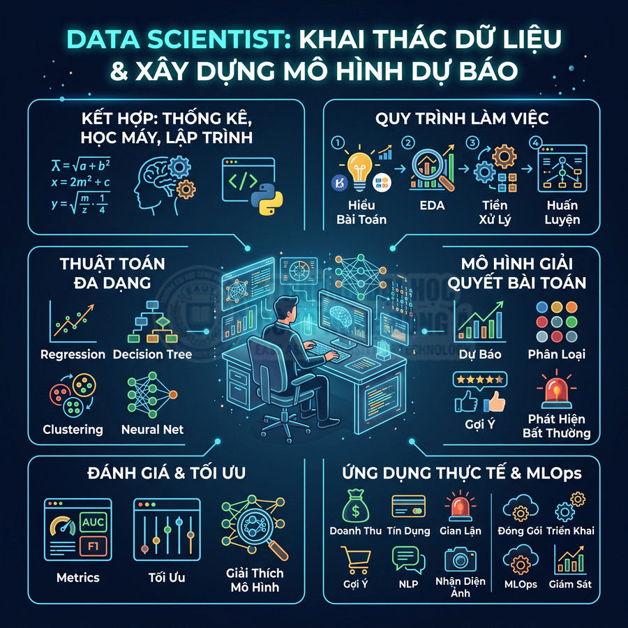 Infographic giới thiệu công việc data scientist, quy trình khai thác dữ liệu và xây dựng mô hình dự báo