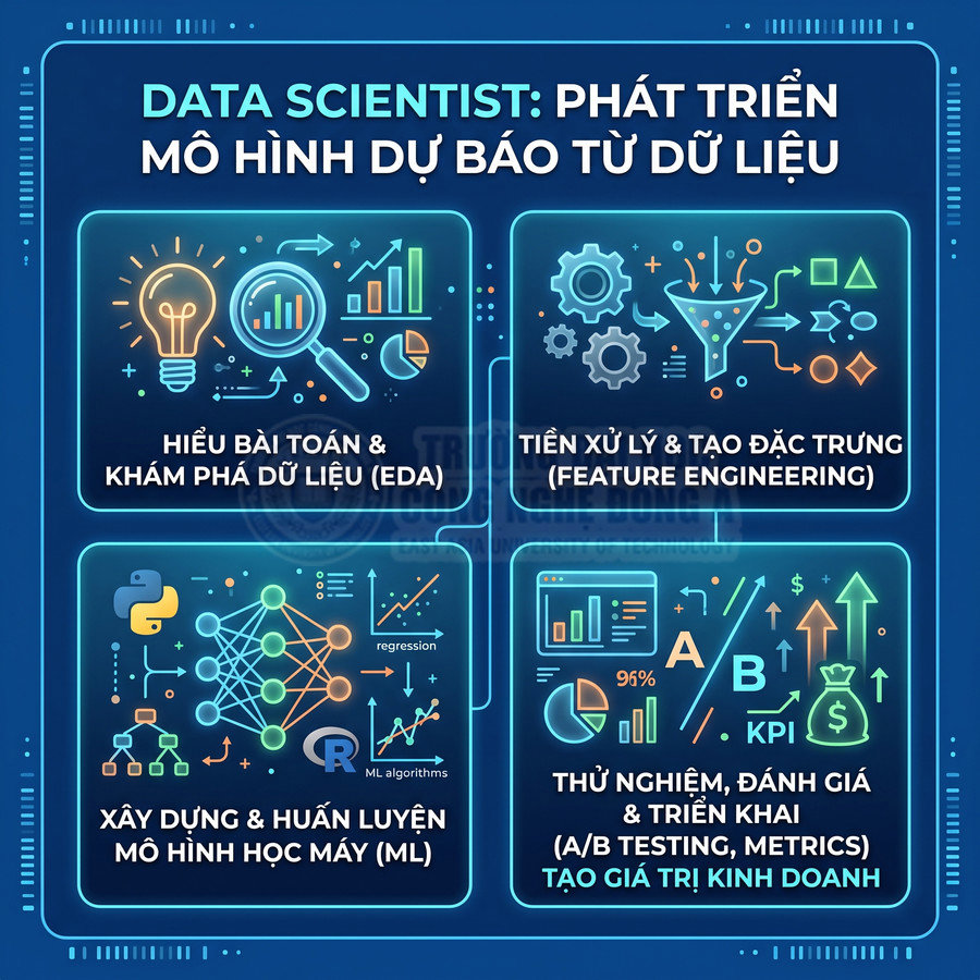 Quy trình công việc data scientist từ EDA, feature engineering, huấn luyện mô hình machine learning đến A/B testing và tối ưu KPI