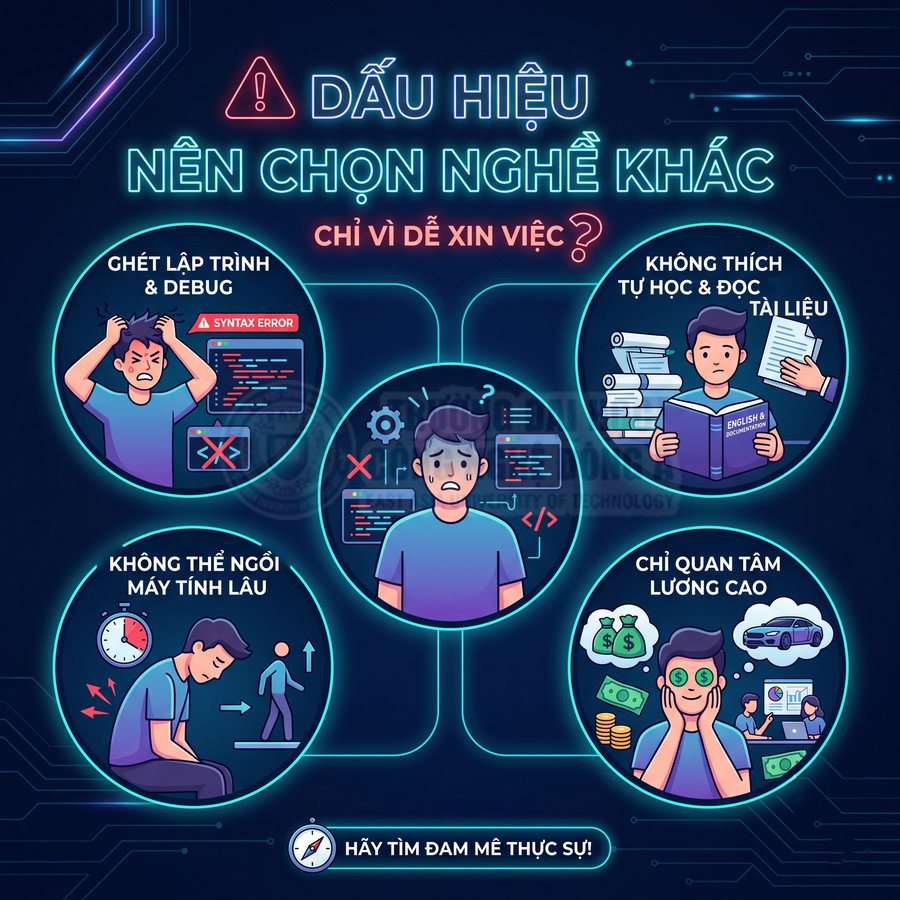 Infographic dấu hiệu không phù hợp nghề lập trình như ghét code, không thích tự học, chỉ quan tâm lương cao