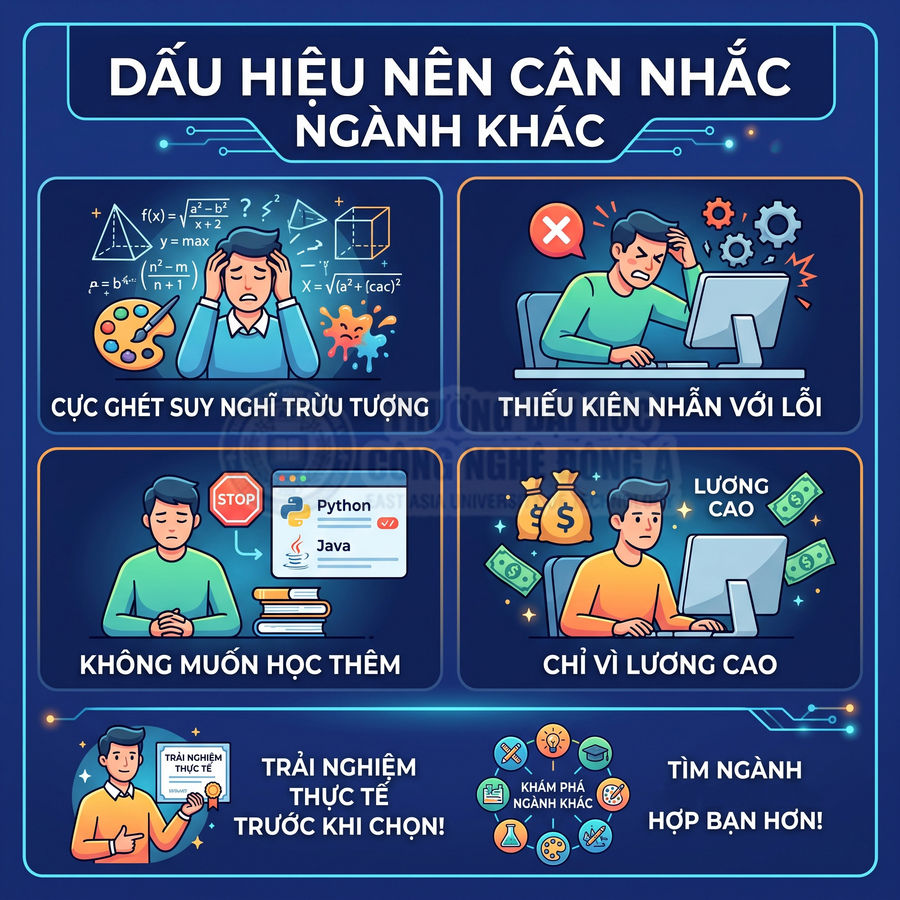 Infographic dấu hiệu nên cân nhắc ngành khác khi học lập trình và gợi ý trải nghiệm thực tế trước khi chọn ngành
