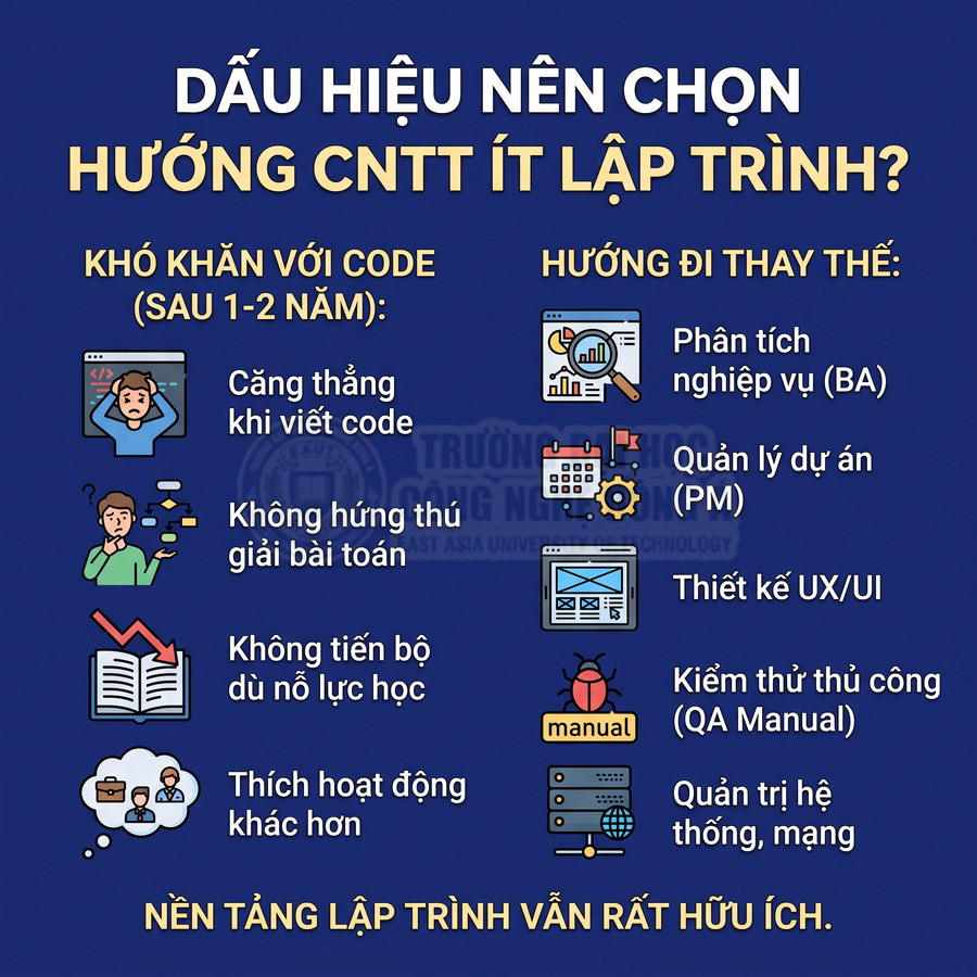 Infographic dấu hiệu nên chọn hướng CNTT ít lập trình và các nghề thay thế như BA, PM, UX UI, QA, quản trị mạng