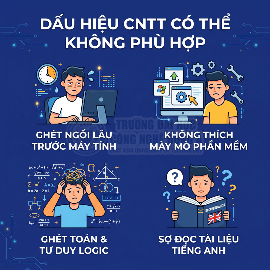 Infographic dấu hiệu ngành công nghệ thông tin không phù hợp như ghét máy tính, ghét toán và sợ đọc tài liệu tiếng Anh