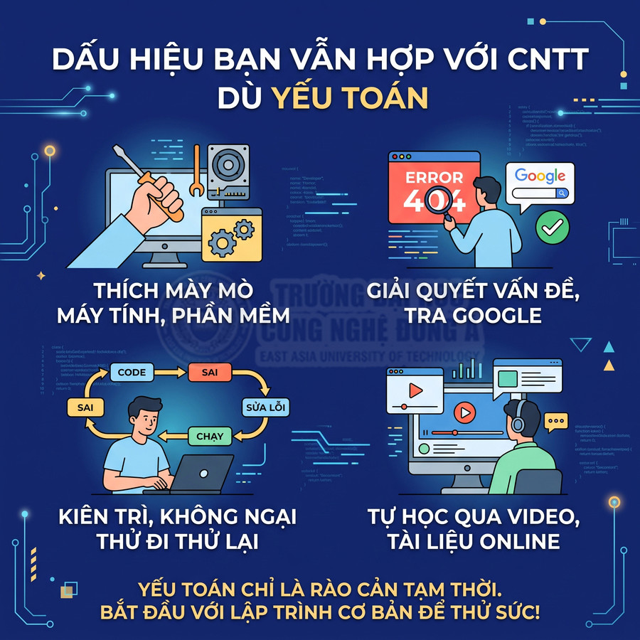 Poster trường Công Nghệ Đông Á giới thiệu dấu hiệu phù hợp ngành CNTT dù yếu toán, khuyến khích học lập trình