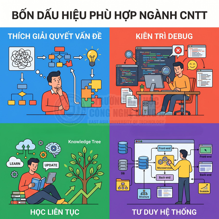 Bốn dấu hiệu phù hợp ngành công nghệ thông tin: thích giải quyết vấn đề, kiên trì debug, học liên tục, tư duy hệ thống
