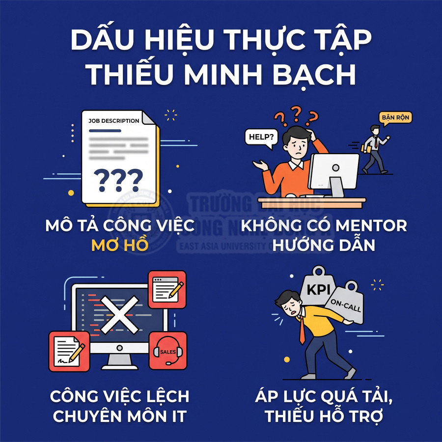 Infographic dấu hiệu chương trình thực tập thiếu minh bạch cho sinh viên IT