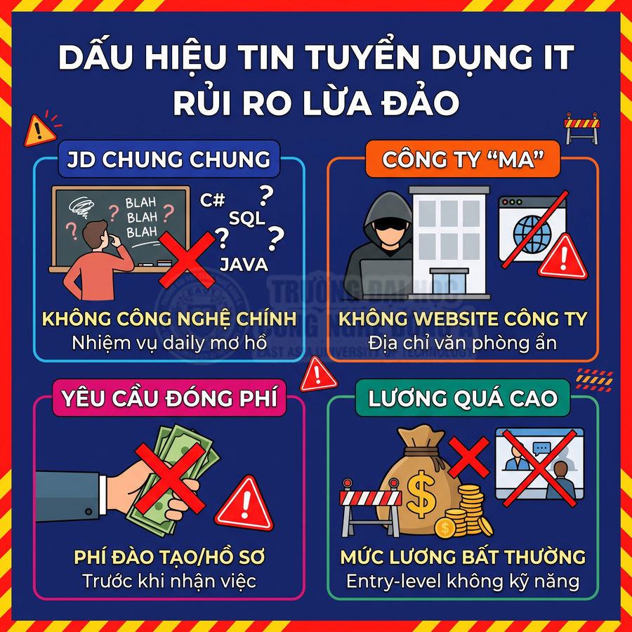 Infographic cảnh báo các dấu hiệu tin tuyển dụng IT lừa đảo như JD chung chung, công ty ma, yêu cầu đóng phí, lương quá cao