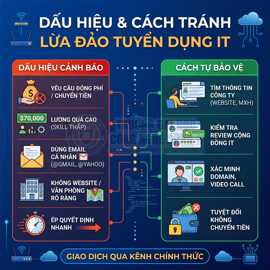Infographic dấu hiệu lừa đảo tuyển dụng IT và cách tự bảo vệ, khuyến cáo chỉ giao dịch qua kênh chính thức