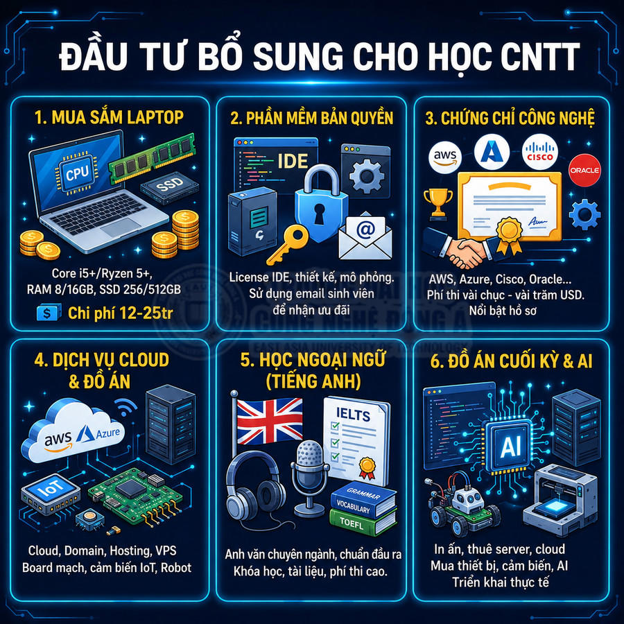 Infographic các khoản đầu tư bổ sung cho sinh viên CNTT như laptop, phần mềm bản quyền, cloud, chứng chỉ, tiếng Anh, AI