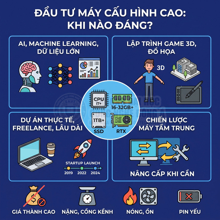 Infographic tư vấn khi nào nên đầu tư máy tính cấu hình cao cho AI, lập trình game, đồ họa và dự án lâu dài