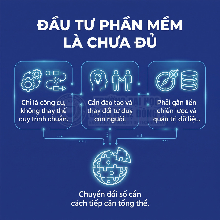 Đồ họa về chuyển đổi số, nhấn mạnh đầu tư phần mềm cần đi cùng quy trình, đào tạo con người, chiến lược và quản trị dữ liệu.
