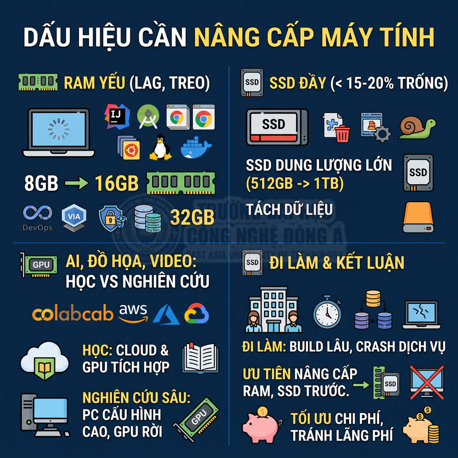 Infographic dấu hiệu cần nâng cấp máy tính, gợi ý tăng RAM, nâng cấp SSD và GPU cho học tập, làm việc, nghiên cứu AI đồ họa