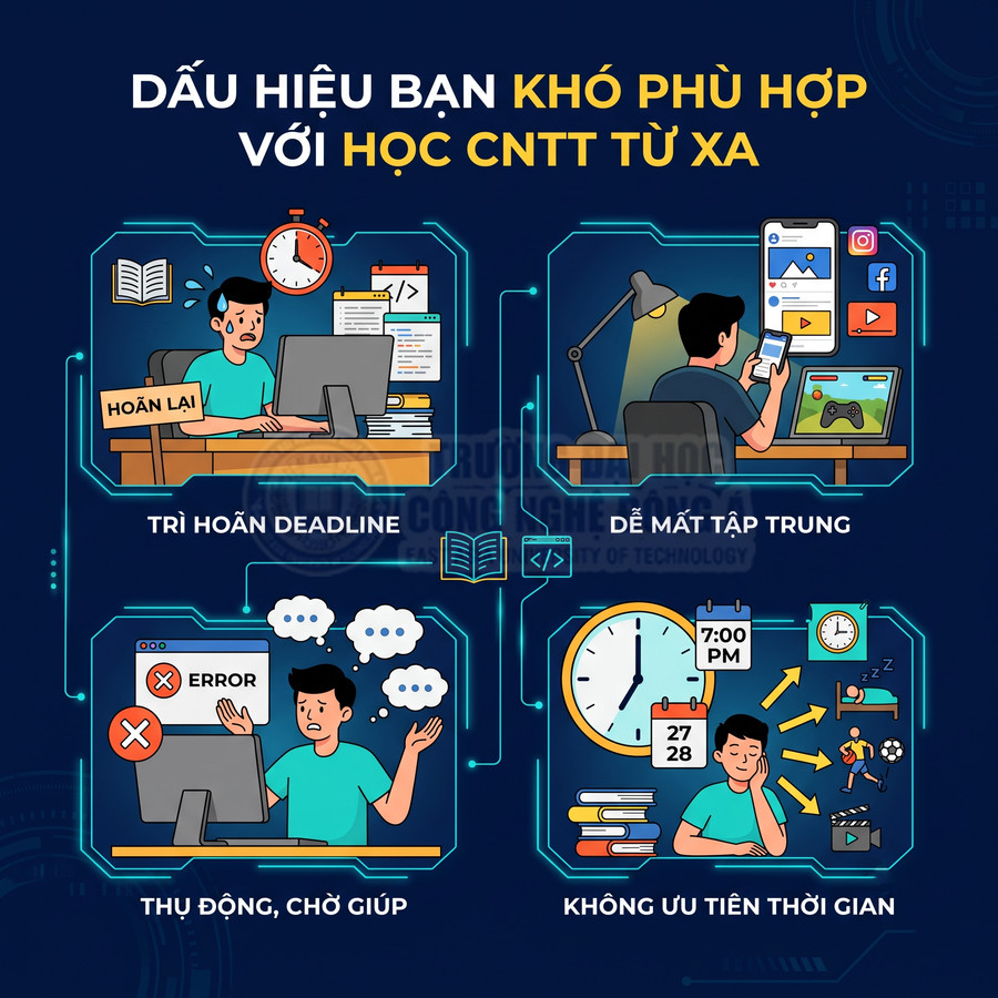 Infographic dấu hiệu khó phù hợp với học CNTT từ xa như trì hoãn deadline, dễ mất tập trung, thụ động, không ưu tiên thời gian