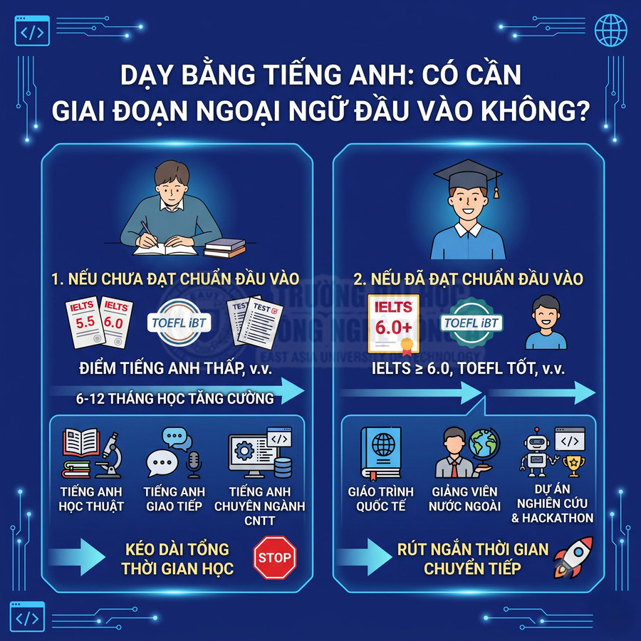 Infographic so sánh lộ trình học khi dạy bằng tiếng Anh theo chuẩn đầu vào IELTS TOEFL