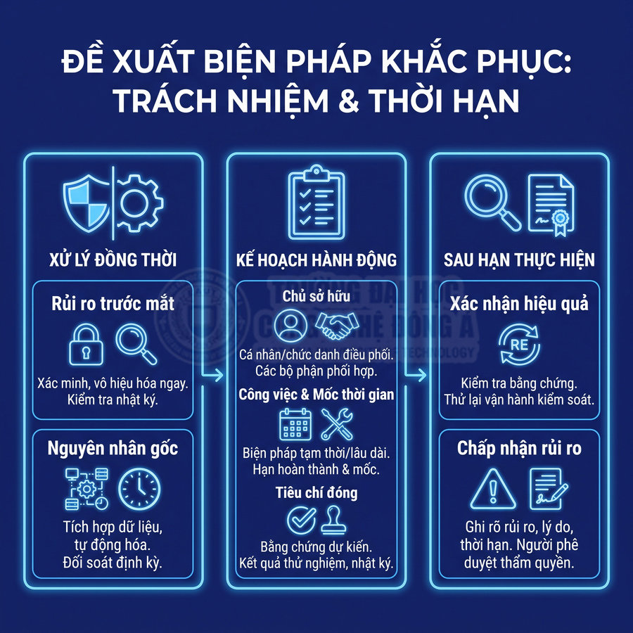 Đề xuất biện pháp khắc phục gồm xử lý rủi ro, lập kế hoạch hành động và xác nhận hiệu quả sau thời hạn thực hiện