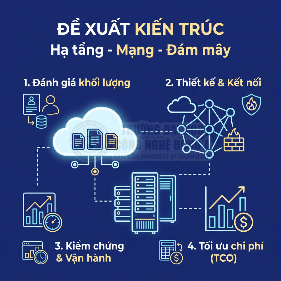 Đề xuất kiến trúc hạ tầng mạng và đám mây với máy chủ, kết nối bảo mật, vận hành và tối ưu chi phí.