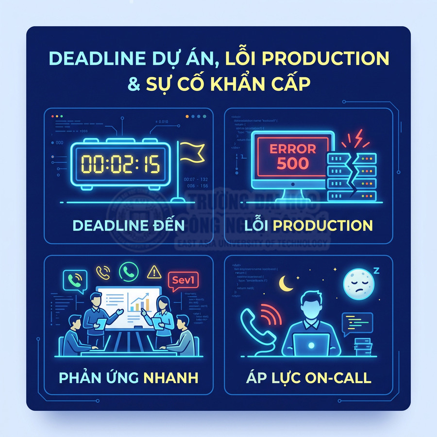 Minh họa deadline dự án IT, lỗi production, phản ứng nhanh và áp lực trực on call ban đêm