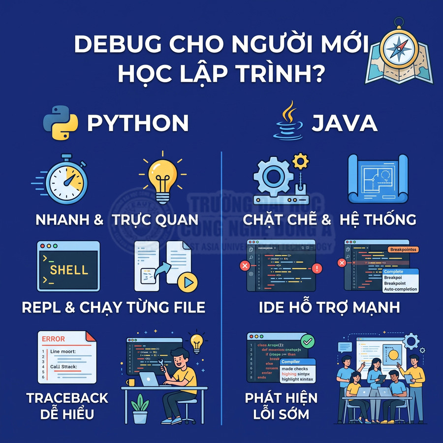 So sánh ưu điểm debug cho người mới học lập trình giữa Python và Java bằng hình minh họa trực quan