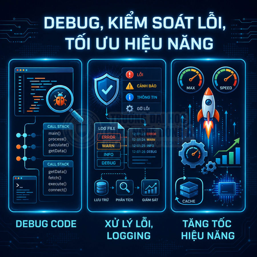 Minh họa quy trình debug code, xử lý lỗi logging và tối ưu hiệu năng phần mềm với biểu đồ và tên lửa tăng tốc