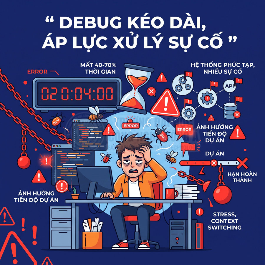 Lập trình viên căng thẳng ngồi trước màn hình máy tính đầy lỗi bug và cảnh báo khi debug dự án phần mềm