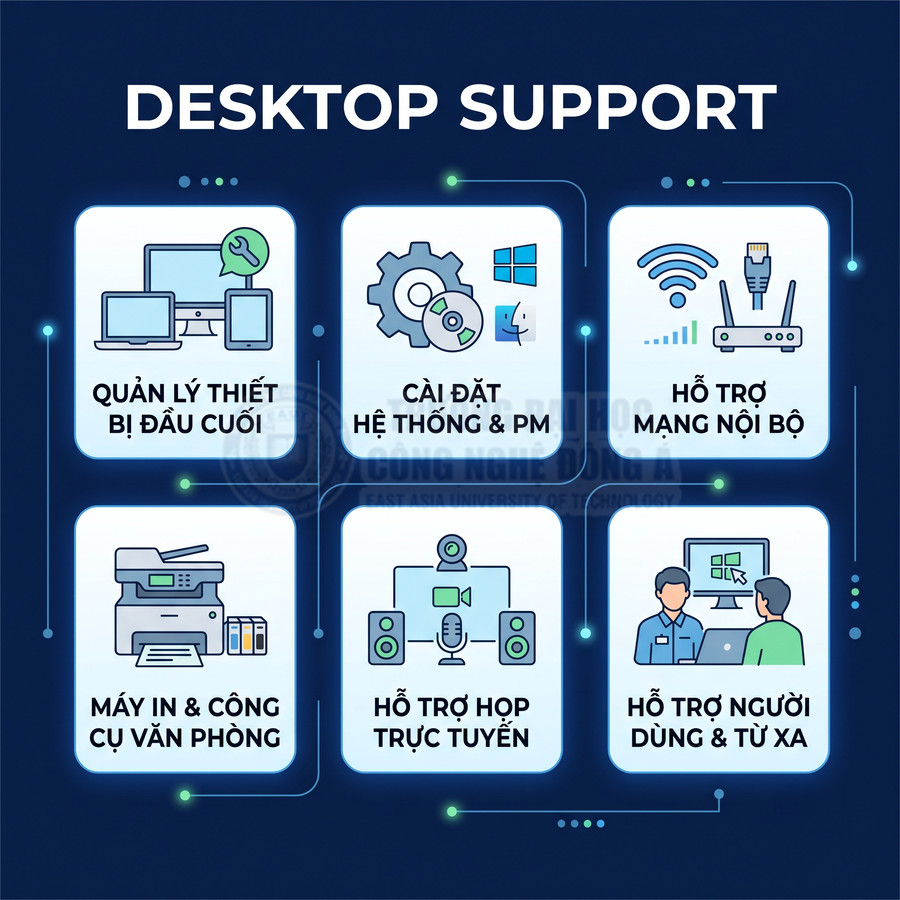 Dịch vụ desktop support với quản lý thiết bị, cài đặt hệ thống, hỗ trợ mạng, máy in và hỗ trợ người dùng từ xa